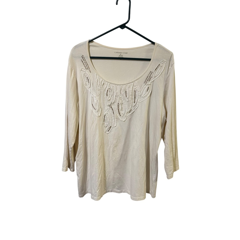 Coldwater Creek Size XL Cream Embellished Leaf Bead Knit Top Ivory 3/4 Sleeve